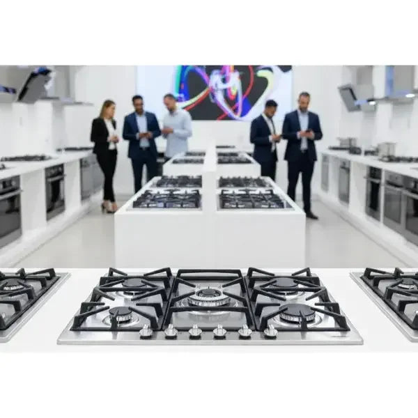 Piano cottura SMEG con design elegante e bruciatori ad alte prestazioni nel centro espositivo