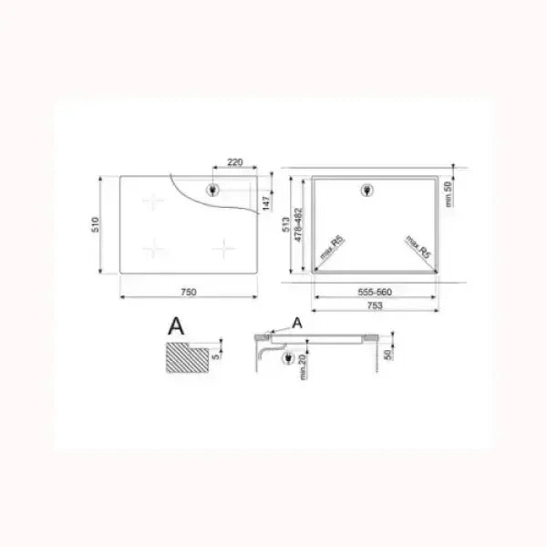 Disegno tecnico con misure dettagliate del piano cottura SMEG per installazione precisa