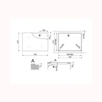 Disegno tecnico con misure dettagliate del piano cottura SMEG per installazione precisa