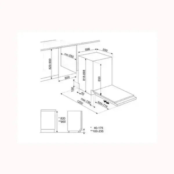 Schema tecnico lavastoviglie da incasso SMEG con misure dettagliate per installazione sotto banco