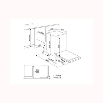 Schema tecnico lavastoviglie da incasso SMEG con misure dettagliate per installazione sotto banco
