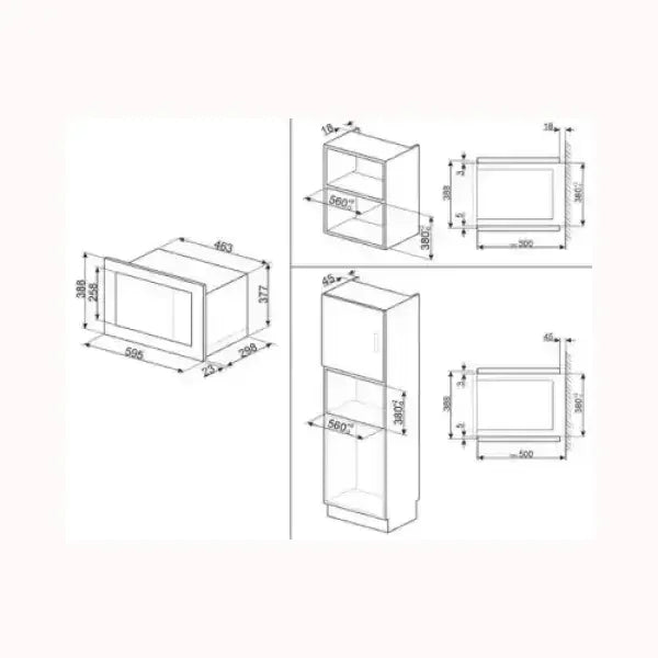 Schema tecnico con misure dettagliate di un forno SMEG da incasso per mobili da cucina