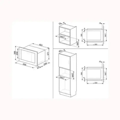 Schema tecnico con misure dettagliate di un forno SMEG da incasso per mobili da cucina