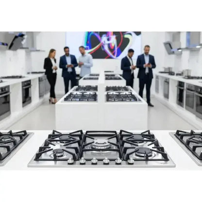 Piano cottura SMEG in acciaio inox con griglie in ghisa in una moderna cucina espositiva