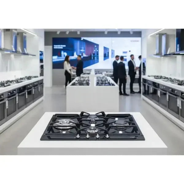 Piano cottura SMEG a gas con design moderno in un showroom di cucina elegante