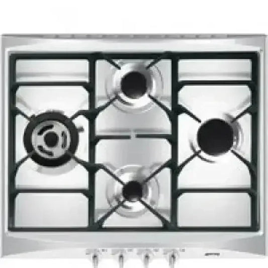 Piano cottura a gas SMEG in acciaio inox con quattro bruciatori e manopole frontali
