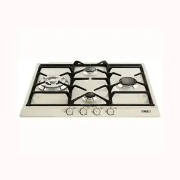 Piano cottura a gas SMEG in acciaio inox con quattro fuochi e manopole frontali