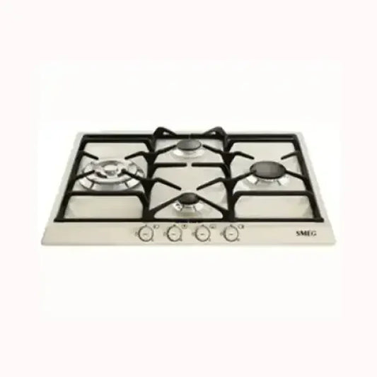 Piano cottura a gas SMEG in acciaio inox con quattro fuochi e manopole frontali