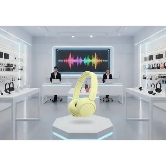 Cuffie Sony gialle con design moderno esposte in un negozio di elettronica