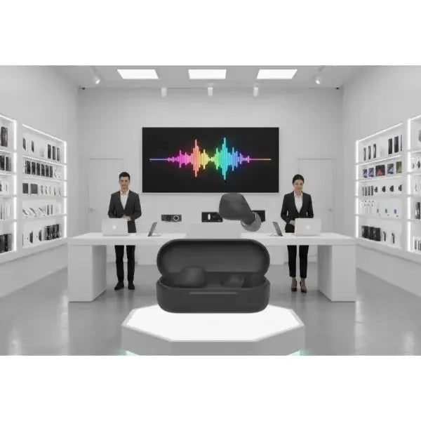 Cuffie wireless Sony con design elegante e custodia di ricarica in negozio di tecnologia