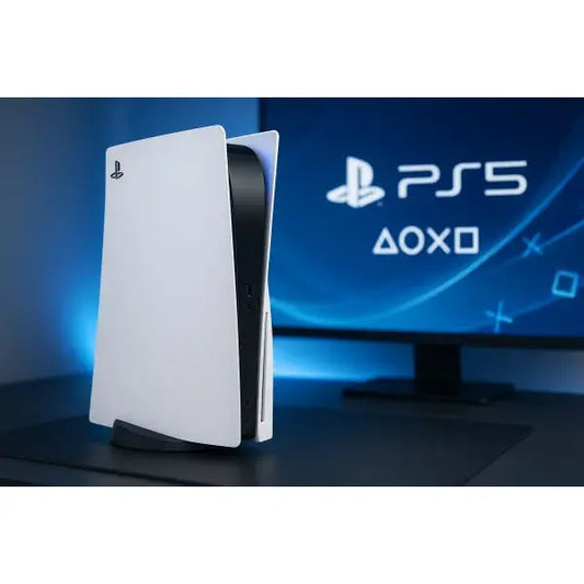 Console PS5 con design elegante e moderno, esposta su una scrivania con sfondo luminoso
