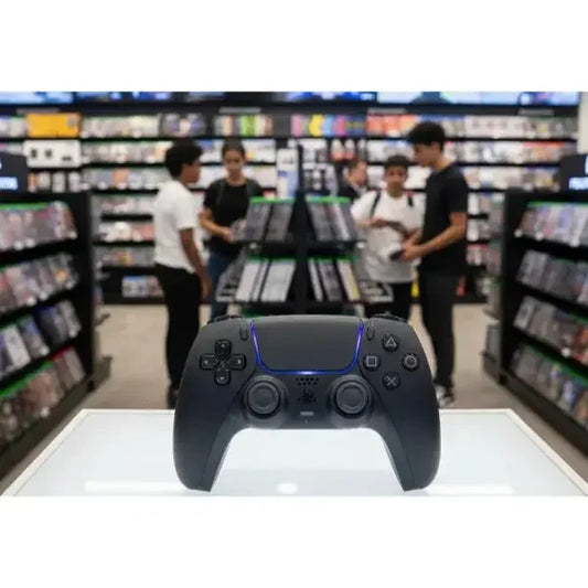 Controller SONY PS5 in primo piano con giochi sullo sfondo in un negozio di videogiochi