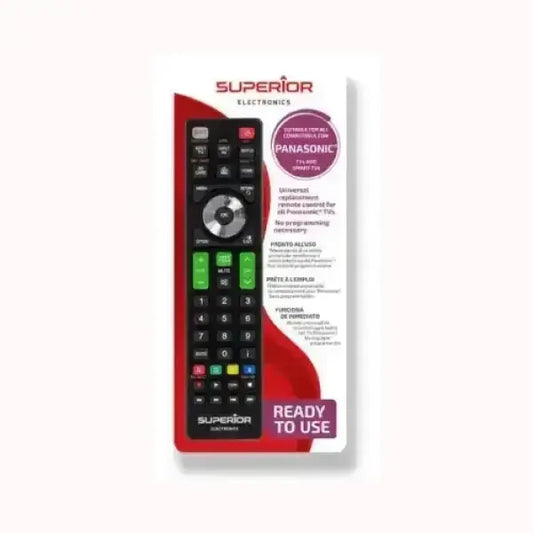 Telecomando Universale Superior Electronics in confezione Ready to Use per TV Panasonic e altri modelli, pulsanti neri e verdi