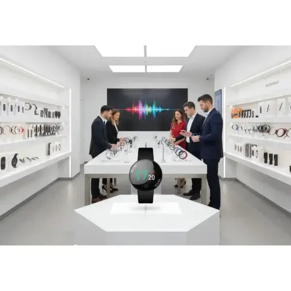 Smartwatch TECHMADE con schermo tondo e funzionalità avanzate in mostra in un negozio di elettronica