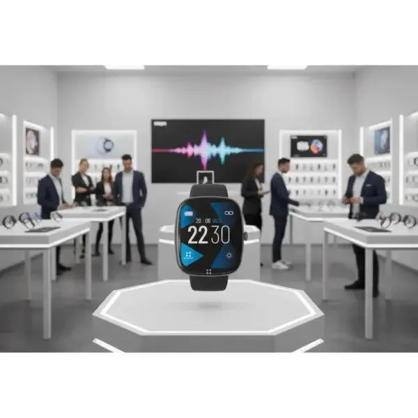 Smartwatch Techmade con display digitale e caratteristiche avanzate esposto in un negozio di elettronica