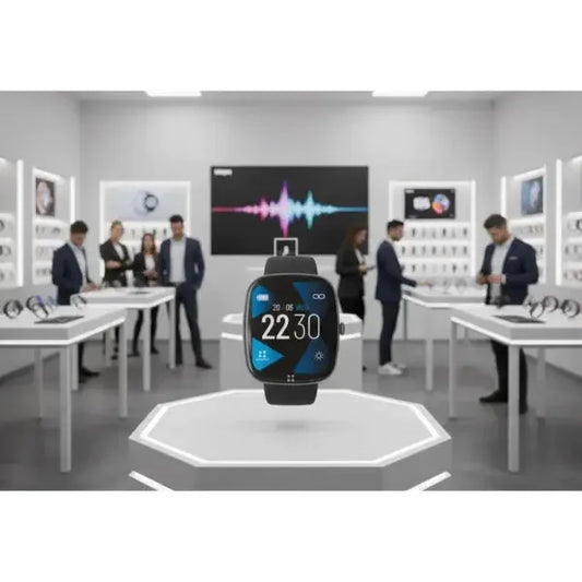 Smartwatch Techmade con display digitale e caratteristiche avanzate esposto in un negozio di elettronica