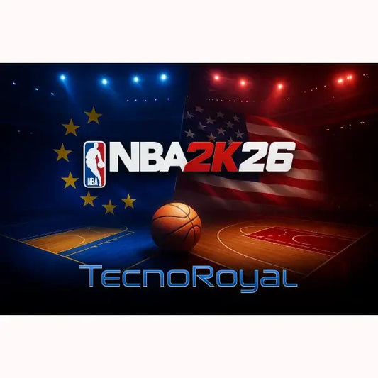 Logo del gioco NBA 2K26 su un campo da basket con bandiere americane ed europee sullo sfondo