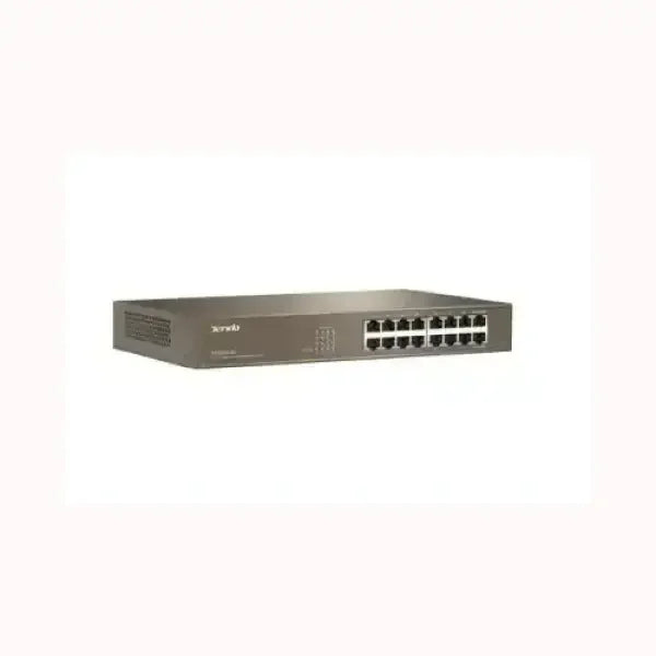 Switch di rete TENDA a 16 porte Ethernet in chassis metallico grigio per connessioni LAN aziendali