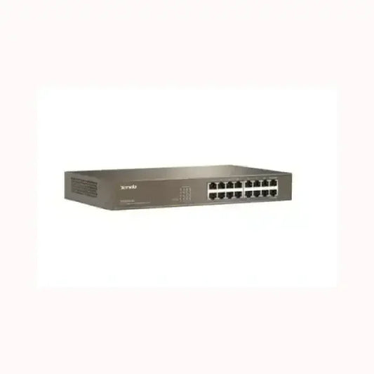 Switch di rete TENDA a 16 porte Ethernet in chassis metallico grigio per connessioni LAN aziendali