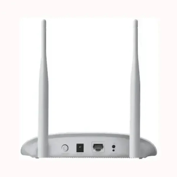 Access Point TPLINK bianco con due antenne dorsali, porta Ethernet e ingresso alimentazione, ideale per rete WiFi domestica