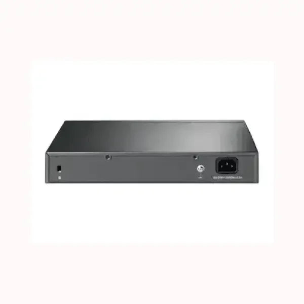 Switch di rete TPLINK compatto in metallo con ingresso alimentazione e porte Ethernet posteriori