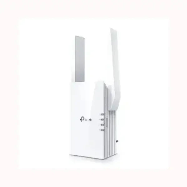 Ripetitore WiFi TPLINK bianco con doppia antenna esterna design compatto e indicatori LED