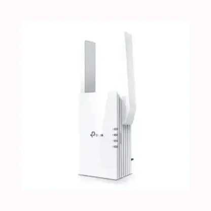 Ripetitore WiFi TPLINK bianco con doppia antenna esterna design compatto e indicatori LED