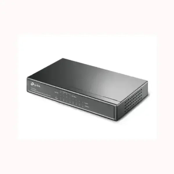Switch di rete TPLINK compatto grigio scuro con ventilazione laterale LED di stato e porte Ethernet per ufficio