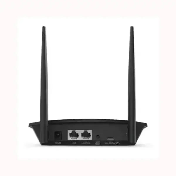 Router TPLINK nero con due antenne posteriori e porte LAN per connessione cablata