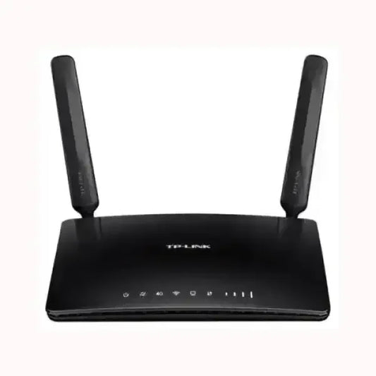 Router wireless nero con due antenne esterne e indicatori LED tecnologia TPLINK