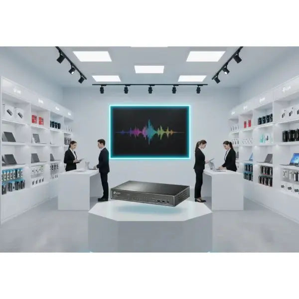 Switch TP-LINK in showroom moderno con personale che interagisce tra prodotto e clienti