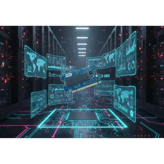 WD HDD Western Digital in un ambiente futuristico con grafica digitale per il trasferimento dati veloce