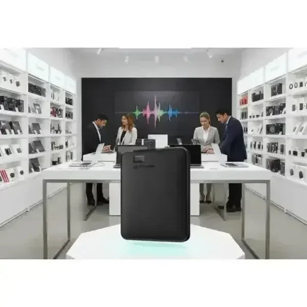 Disco rigido Western Digital in un elegante negozio di tecnologia con clienti e dipendenti al lavoro