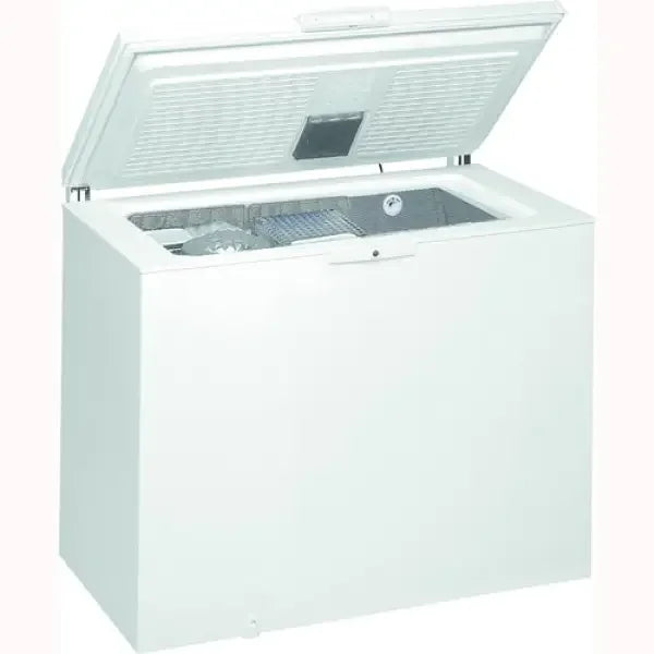 Whirlpool Congelatore a pozzetto bianco con coperchio aperto cestelli interni e termostato