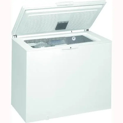 Whirlpool Congelatore a pozzetto bianco con coperchio aperto cestelli interni e termostato