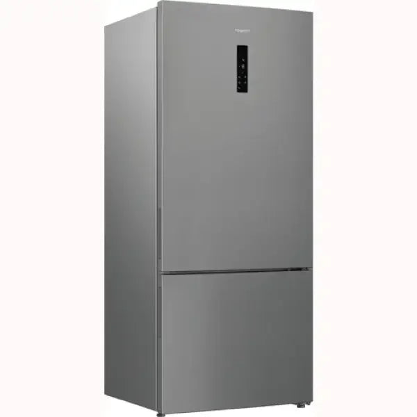 Frigorifero Hotpoint verticale in acciaio inox con doppia porta e pannello di controllo digitale