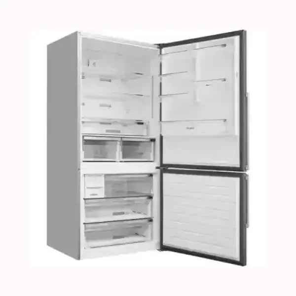 Frigorifero Whirlpool bianco con doppia porta aperta e ripiani interni in vetro