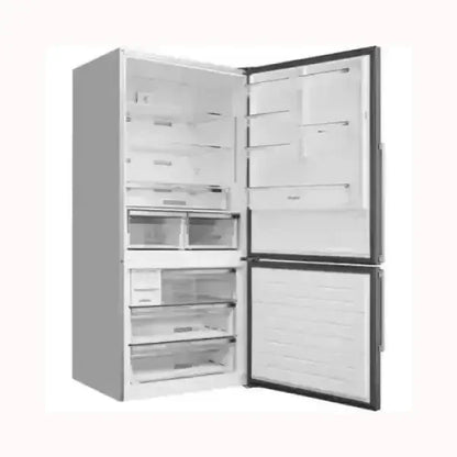Frigorifero Whirlpool bianco con doppia porta aperta e ripiani interni in vetro