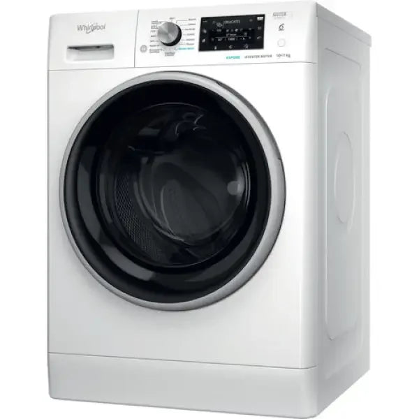 Lavasciuga Whirlpool bianca con oblò nero e pannello di controllo digitale frontale