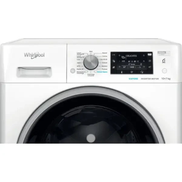Lavasciuga Whirlpool bianca con pannello digitale e manopola di controllo frontale