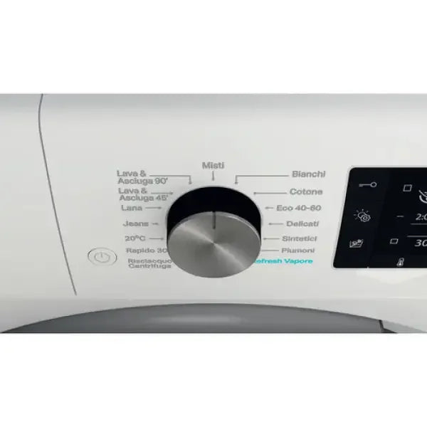 Pannello di controllo del lavasciuga Whirlpool con selettore programmi e impostazioni di lavaggio
