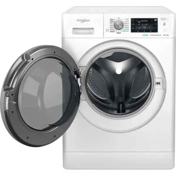 Lavasciuga Whirlpool bianca con sportello aperto e pannello di controllo digitale