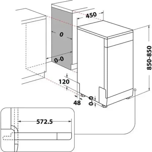 Diagramma tecnico con misure di una whirlpool lavastoviglie compatta con altezza regolabile