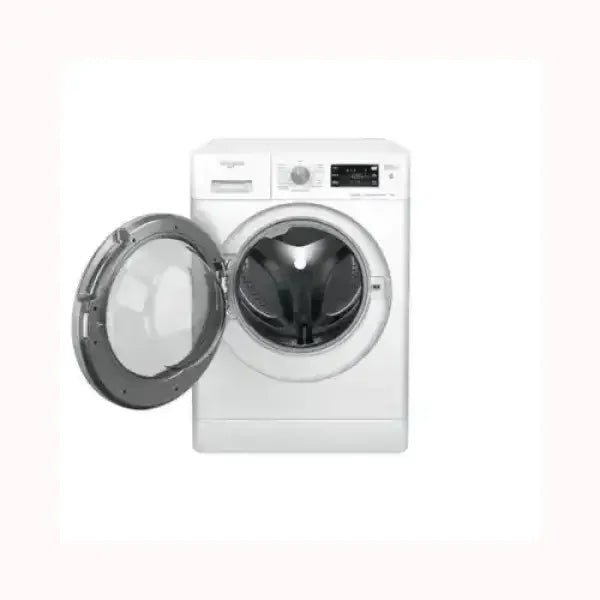 Lavatrice WHIRLPOOL bianca con sportello frontale aperto e pannello comandi digitale