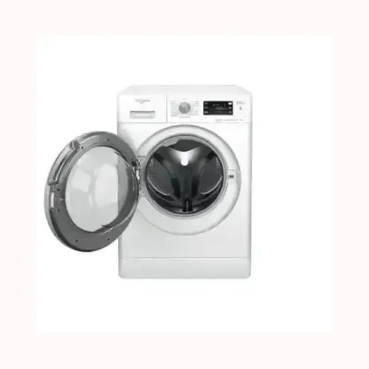 Lavatrice WHIRLPOOL bianca con sportello frontale aperto e pannello comandi digitale