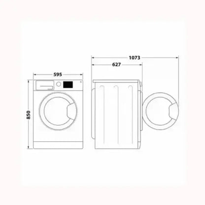 Disegno tecnico lavatrice WHIRLPOOL con dimensioni dettagliate vista frontale e laterale