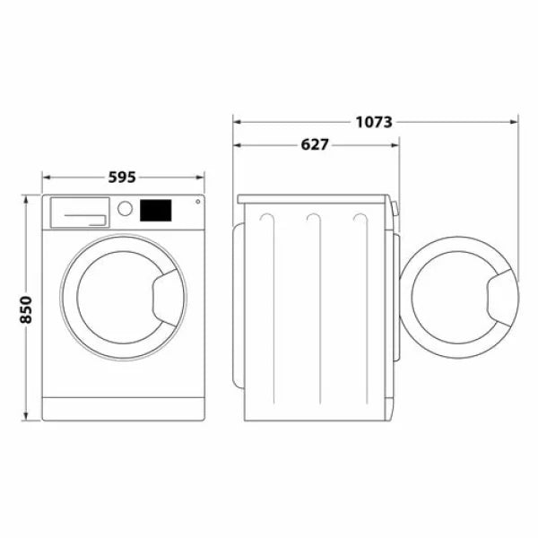 Progetto tecnico dettagliato di una lavatrice Whirlpool con misure di altezza, larghezza e profondità