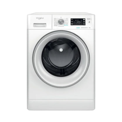 Lavatrice Whirlpool bianca a carica frontale con pannello di controllo digitale e manopola