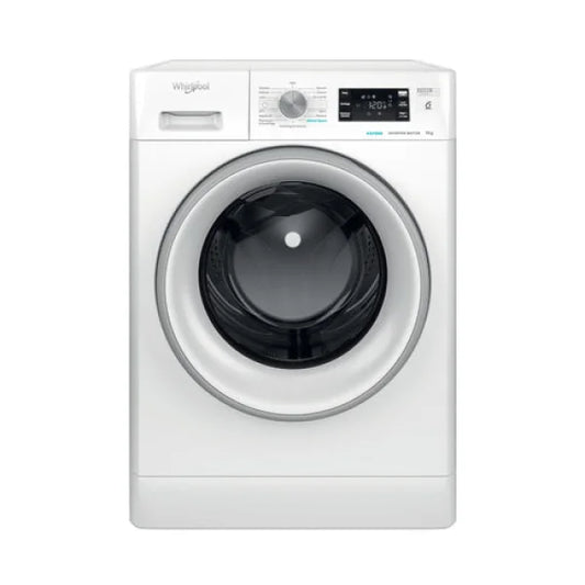 Lavatrice Whirlpool bianca a carica frontale con pannello di controllo digitale e manopola