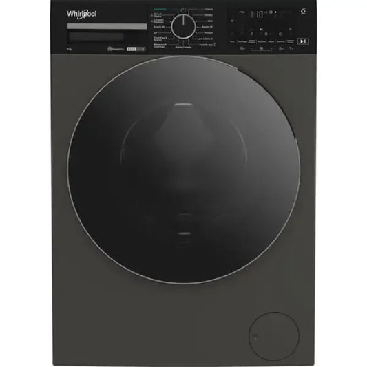 Lavatrice Whirlpool a carica frontale nera con pannello di controllo digitale e manopola centrale